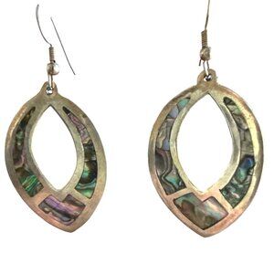 Vintage Alpaca Silver & Abalone Shell Dangle Earrings  Pierced Mexico Marked